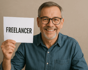 Mann im Denim-Hemd hält Schild mit Aufschrift 'Freelancer' hoch, während vor ihm ein weiteres Schild mit 'Employee' liegt – sinnbildlicher Vergleich zwischen Freelancer und Angestellter