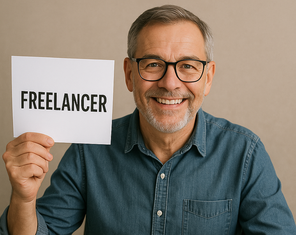 Mann im Denim-Hemd hält Schild mit Aufschrift 'Freelancer' hoch, während vor ihm ein weiteres Schild mit 'Employee' liegt – sinnbildlicher Vergleich zwischen Freelancer und Angestellter
